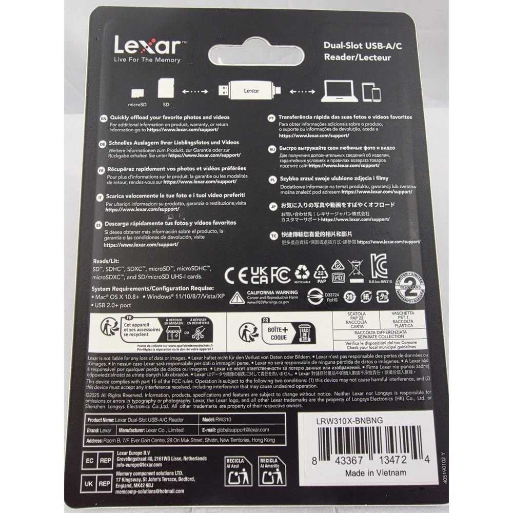 Lexar Dual Slot SD microSD Card Reader USB-A USB-C New
